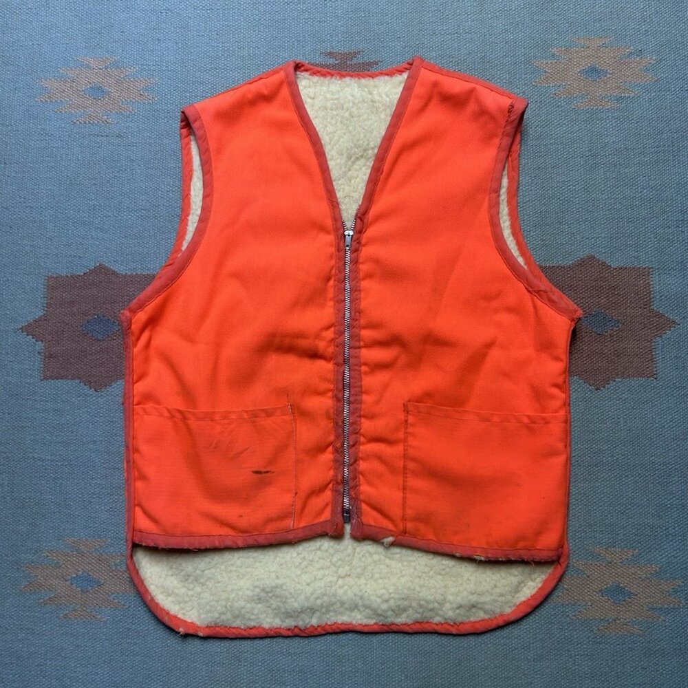 Vintage 60s 70s sherpa lined hunting vest blaze orange hi vis zip men’s medium - Picture 1 of 9